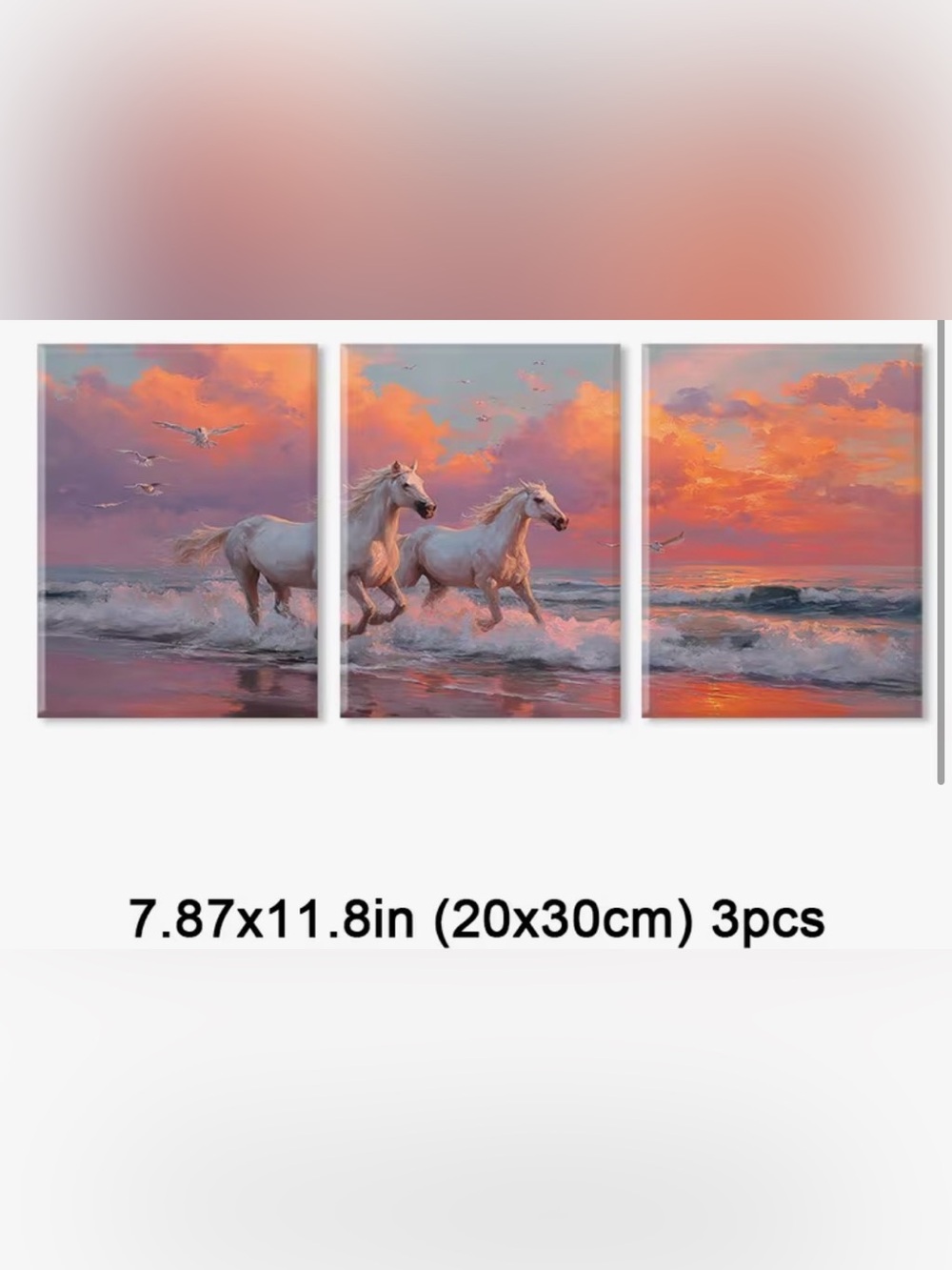 Seaside White Horses Triptych Wall Art - Sunset Pink Orange